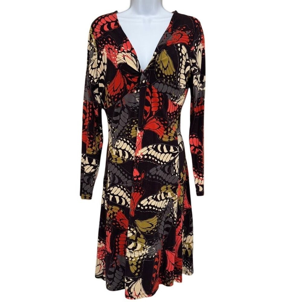 CAbi Y2K Butterfly Print Faux Wrap Dress L Cotton Modal Stretch Long Sleeve